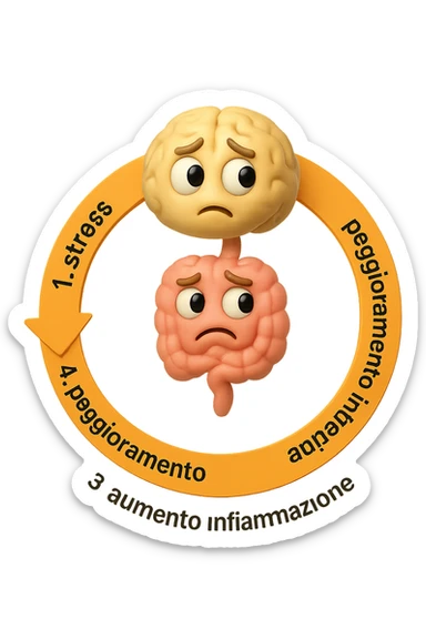 EMOJI STILE IPHONE 3D DI un cerchio con queste scritte che girano intorno in ordine per come li ho scritti "1. stress → 2. peggioramento intestinale → 3. aumento infiammazione → 4. peggioramento sintomi intestinali e sistemici." al centro del cerchio metti un cervello e intestino umani collegati verticalmente con espressione dubbiosa in volto, FALLO MOLTO REALISTICO IN 3D sticker