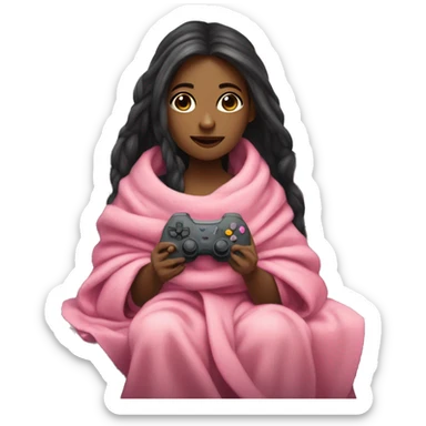 Olive skinned girl with long dark hair wrapped up in a blanket sitting on a couch with a pink gaming controller in her hands sticker