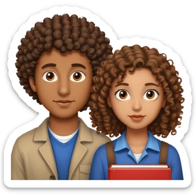 can you give me a emoji of a man 22 years old and woman 30 years old curly hair brown skin and 22 years old woman student with expression set  sticker
