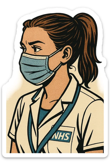 A young female doctor from 2020 wearing a face mask.  She is also wearing an NHS lanyard around her neck and facing left sticker