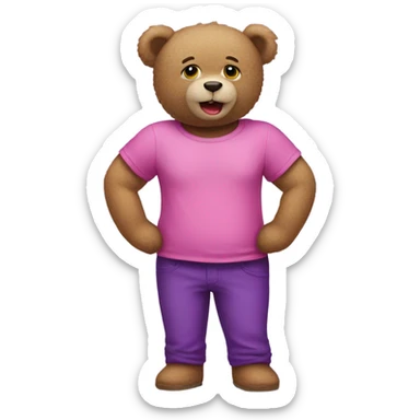 Teddy bear wearing purple pants with lipstick and a pink T shirt sticker
