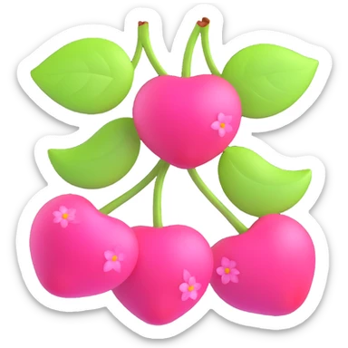 3D iOS-style illustration of two bright pink cherries with green leaves and pink flowers, pastel color palette, semi-transparent flowers, no background. sticker