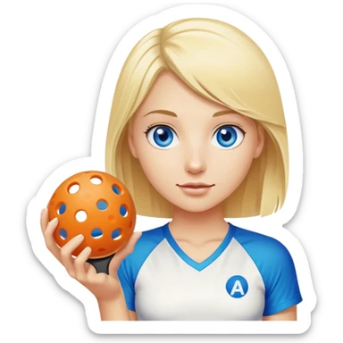 Blond girl with blue eyes holding a pickleball sticker