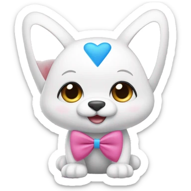 a character in the shape of a pink triangle with rounded corners, with white cute eyes and heart-shaped pupils, white ears and a blue bow on top, little white arms and paws on the sides, and blue paws on the bottom sticker