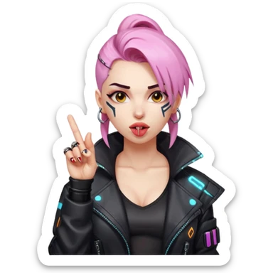 Woman with her tongue out in cyberpunk clothing and giving the middle finger. Looking naughty. sticker