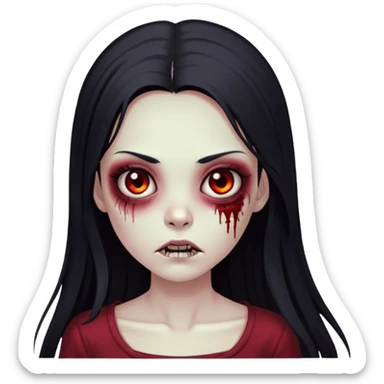 zombie girl with long straight black hair, dark eyes, long eyelashes, dark red cropped sticker