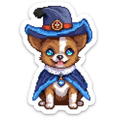 A cute small dog with sleek black fur, bright blue eyes, and a playful expression, dressed as a musketeer. The dog is wearing a classic musketeer hat with a feather, a tiny cape, and a ruffled collar. The dog is playfully saluting with a paw raised in a noble gesture. sticker