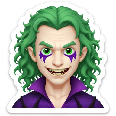 Vampire, long curly hair, male, fanged teeth, stitches with one side of face green and the other side purple, sticker