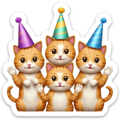 five cats applauding a single cat in the middle, party hats and decorations, emoji style sticker