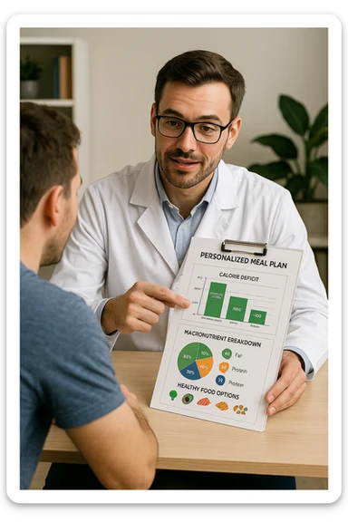 a nutritionist sits at a desk with a client, showing a personalized meal plan and a chart that clearly displays the client’s specific daily caloric deficit. The nutritionist points to the chart, which includes recommended calories, macronutrient breakdown, and healthy food options. The mood is professional, supportive, and educational. in italiano sticker