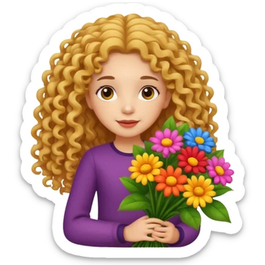 light skinned long curly haired girl holding big bright bunch of flowers. White background. sticker