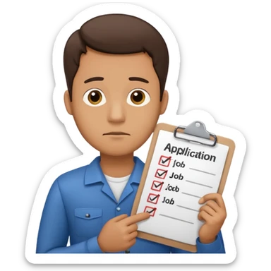 Man looking sad while holding a clipboard with a checklist that has a heading that says job application  sticker