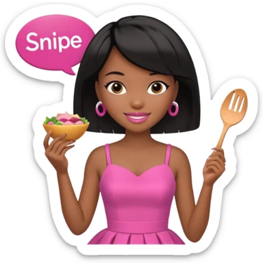 Black barbie, short  black bob  hair, pink dress eating with a sign that says snipe sticker
