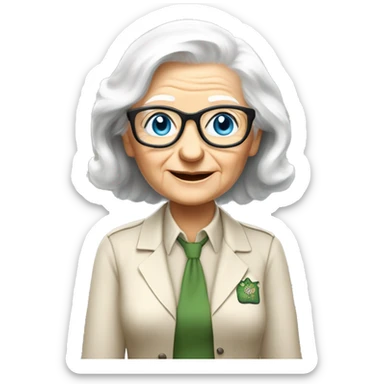 old white lady from ireland with blue-eyes, black-glasses white hair, and dresses like biologist (like, she only wears khaki short sleeve button down shirt and a khaki pants)  sticker