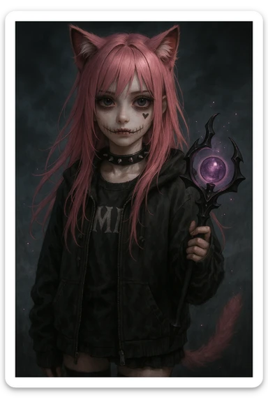 realistic anime catgirl with pink hair, emo streetwear, heart tattoo under left eye, dark magical accessory, sparkles, stormy background, stitched mouth horror look with stitched lips, haunted eyes, pale skin sticker