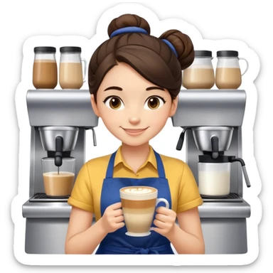 Cute brunette barista girl with hair in a bun wearing yellow shirt and dark blue apron, she's relaxed and making latte art, smiling at the coffee cup sticker
