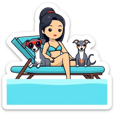 Very thin and slim Chinese woman with long black hair in elegant pool attire relaxing on a comfortable spa lounger at a luxury spa pool with only ONE Italian greyhound that is COMPLETELY solid dark grey with ABSOLUTELY ZERO white markings anywhere - 100% uniform dark grey color only - the single dog is relaxing on or beside the lounger sticker