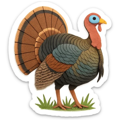 very detailed Eastern Wild Turkey, intricate cut paper textures, iridescent bronze and green feathers, fanned tail, realistic markings, standing in natural grass sticker