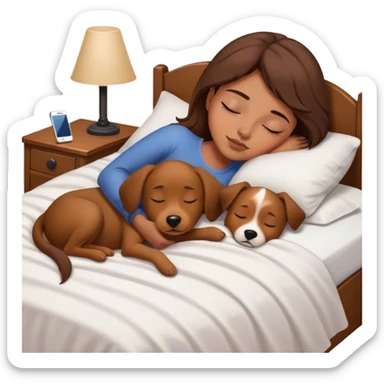 Young brown headed girl sleeping in her bed with her tan to brown dog med size on her bed. Her phone with her as she sleeps like sleeping beauty sticker