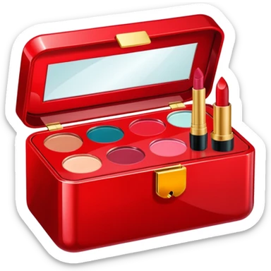 five cosmetic products in jewel box (box is red color+5 cosmetic products like lip, eye shadow, brush, cream sticker