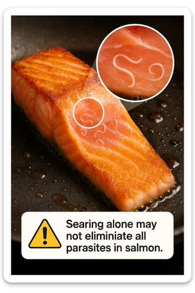 a close-up of a salmon fillet being lightly seared in a hot pan, with the outer layer cooked but the inside still raw. An inset magnifies the interior, showing visible Anisakis parasites surviving in the uncooked portion. A warning icon and educational text explain that searing alone may not eliminate all parasites. sticker
