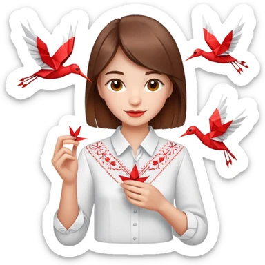 A happy Ukrainian young girl with brown hair in a white embroidered shirt makes an origami red crane craft sticker