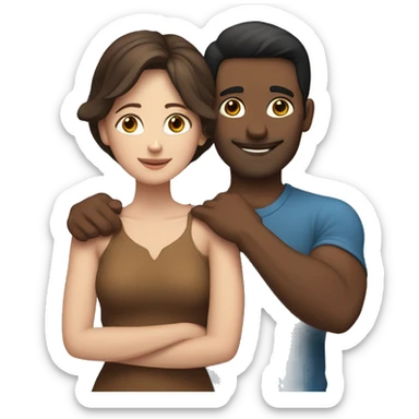 Couple embracing with arms around each other; white woman with blue eyes and brown hair, Indian man with black hair  sticker