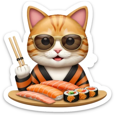 happy cat wearing sunglasses and eating sushi sticker