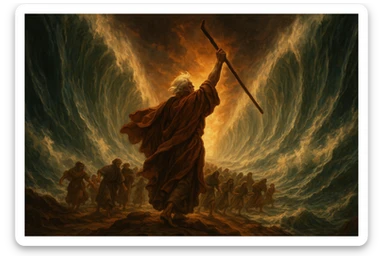 Dramatic Red Sea split, Moses holding staff, Israelites escaping, water towering, cinematic biblical art sticker