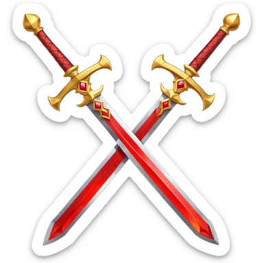 Two crossed swords that are golden in blade and handle and have fiery and royal appearence to them as well as red gem stones yellow in color sticker
