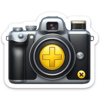 a camera with a yellow plus inside sticker