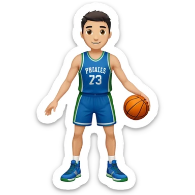 Full Body heavy tall white male with dark short spike hair basketball player wearing blue green uniform smiling sticker