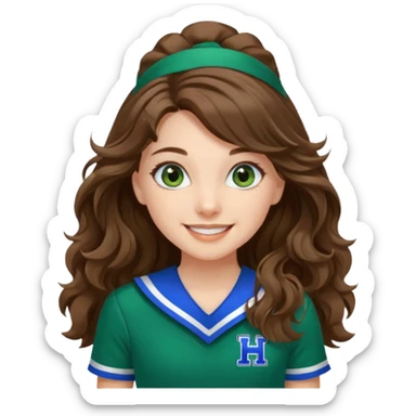 A pretty girl with blue eyes, brown long wavy hair, qnd wear green Hawkins cheerleader uniform sticker