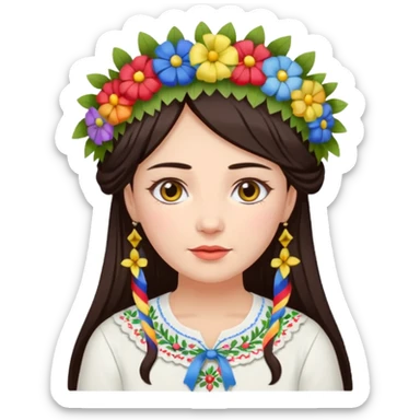 Ukrainian woman in a white embroidered shirt with dark hair in a wreath of flowers with multicoloured ribbons on her head sticker