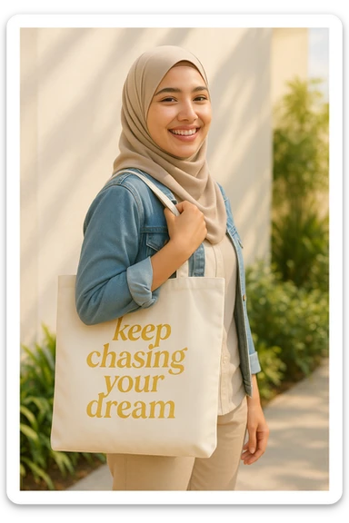 A beautiful, smiling hijabi girl with a tote bag. The bag has 'keep chasing your dream' in soft gold color text, radiating positivity and encouragement. sticker
