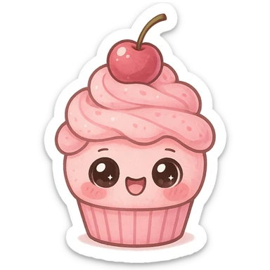 a cute pink cupcake with a cherry, original design, big eyes, blushing cheeks, joyful sticker
