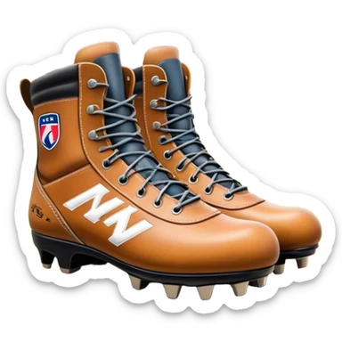 Cinematic Realistic image of a pair of AFL boots, showcasing detailed leather stitching and a rugged sole with fine cleat impressions, captured against a blurred stadium background with high-energy, dynamic lighting sticker