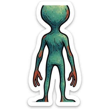 alien standing, facing away from the viewer, unique style, creative, imaginative, stylized illustration, rear view, back view, character design sticker