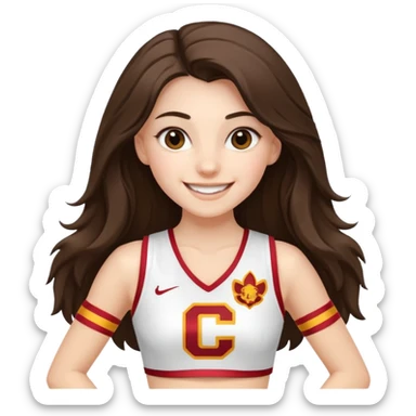 skinny white happy long haired brunette girl in a white USC cheerleader outfit sticker