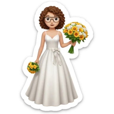 Chica blanca, pelo rizado, gafas, vestido novia playa sin vuelo cuerpo entero, pelo castaño sticker