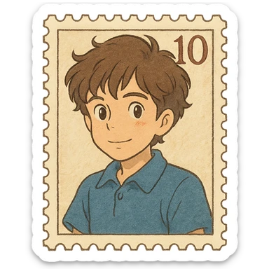 boy with slightly wavy hair designed as a letter stamp sticker