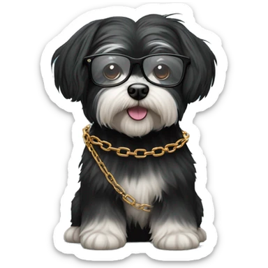 black havanese dog with glasses and a chain sticker