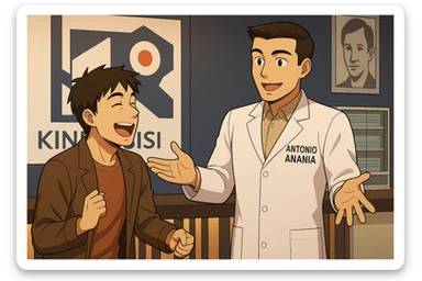  rappresenta un webtoon manga a colori con questo stile, in cui un uomo esclama una cosa entusiasta al kinesiologo con il camice bianco (fagli anche la scritta "ANTONIO ANANIA" SUL CAMICE), IL KINESIOLOGO lo aspetta a braccia aperte. l'espressione dell'uomo è felice e soddisfatta, non fare i fumetti però, fai solo in modo che sembri stiano parlando sticker