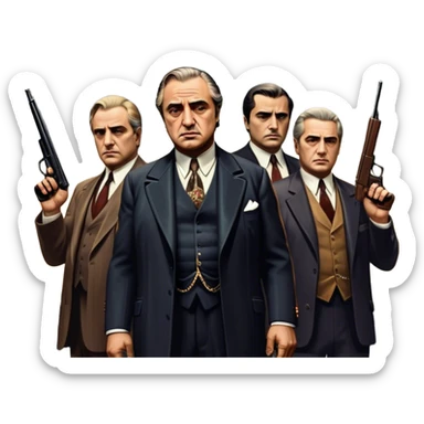 A vintage movie poster-style design featuring Don Vito Corleone surrounded by gangsters with Tommy guns. Include a dark, moody noir atmosphere with skyscrapers of New York in the background. The scene should be tense and mysterious, with a retro cinematic feel. Transparent background. sticker