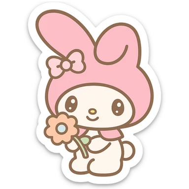 My Melody Sanrio bunny holding a flower with big eyes and pink hood, kawaii style emoji sticker