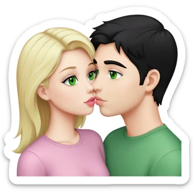 A blonde girl with fair skin and green eyes and light pink lips a guy with black hair and fair skin and green eyes are kissing sticker