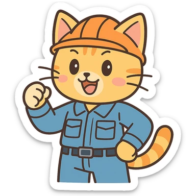 cat character with orange hard hat and work uniform, anime inspired sticker