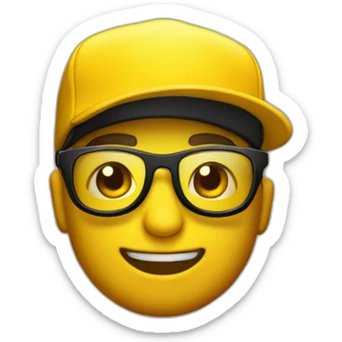 crea un emoji amarillo con lentes de sol tipo aviador y gorra negra sticker