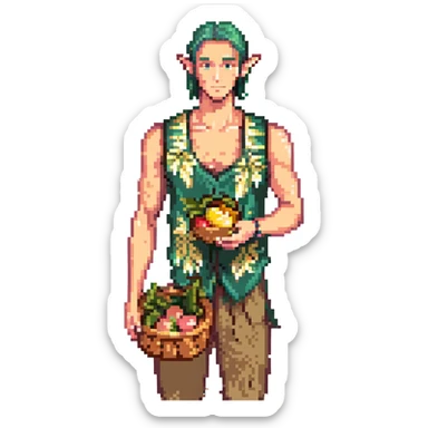 elf male Sleeveless vest with palm-leaf print, basket of exotic fruits (mango/lychee), sunburned nose. sticker