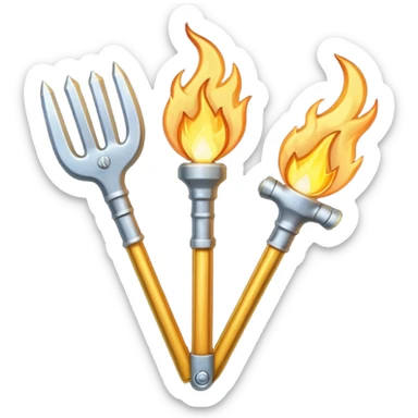 a three pronged pitchfork and a torch in an x formation sticker